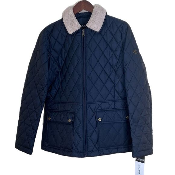Lauren Ralph Lauren Navy Quilted Faux Fur Collar Zip Up Lightweight Jacket - Picture 1 of 8